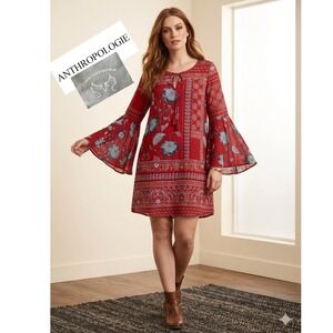 Anthropologie Vanessa Virginia Red Silk Floral Paisley Bell Sleeve Dress Size 8